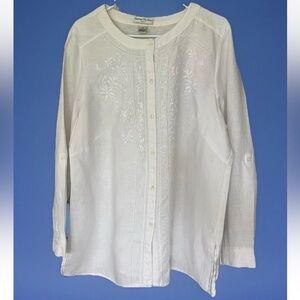 Cambridge Dry Goods White 100% Linen Floral Embroidered Button Down Shirt 1X